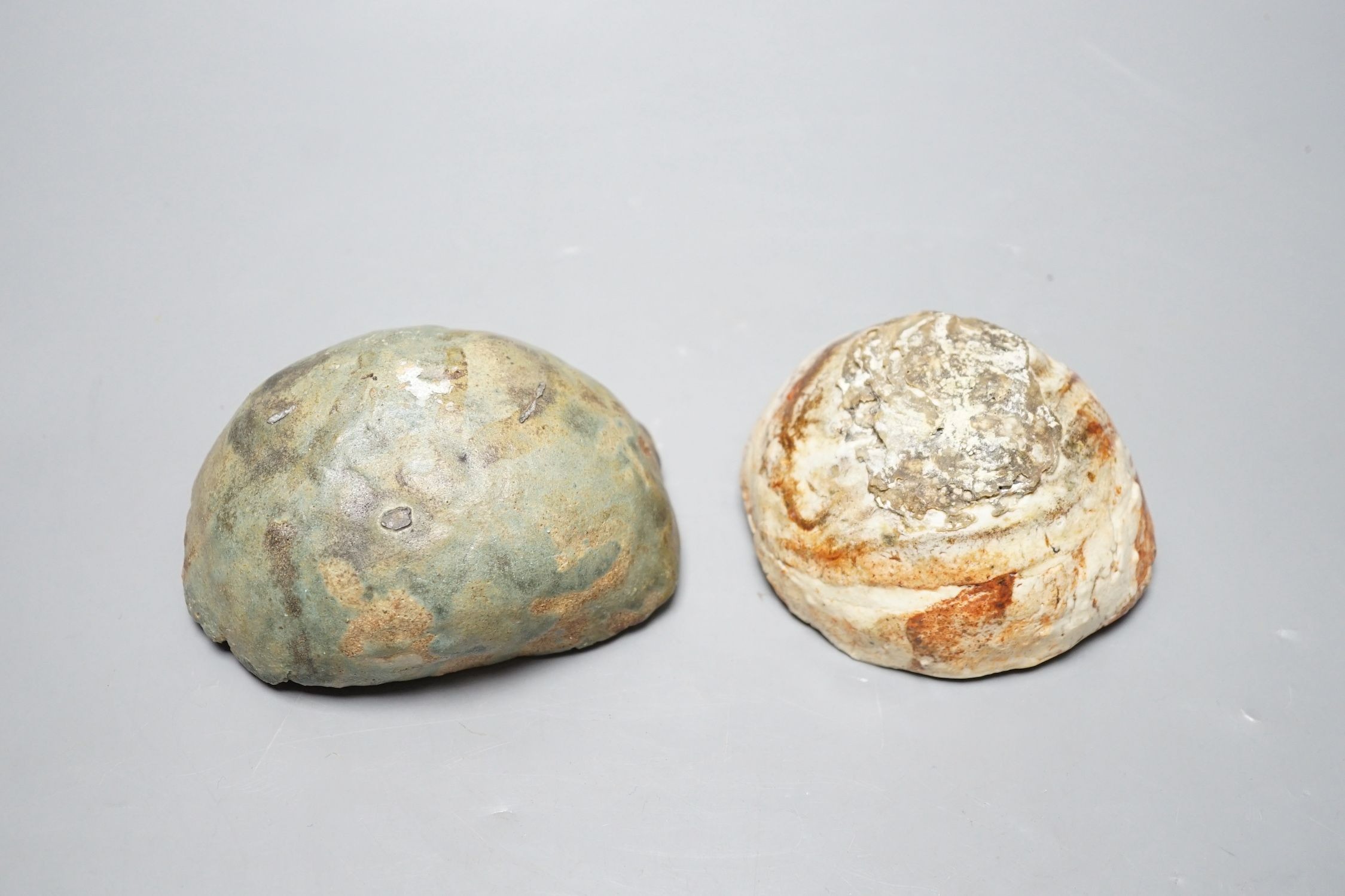 Ewen Henderson (1934-2000), two hand-built mixed laminated clay dishes, largest 12.5cm wide